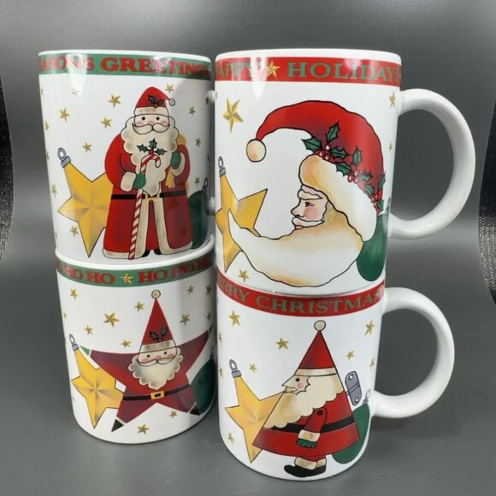 1994 Signature Housewares Santa Coffee Mug Cup Set 4 All Different Mugs Cups VTG